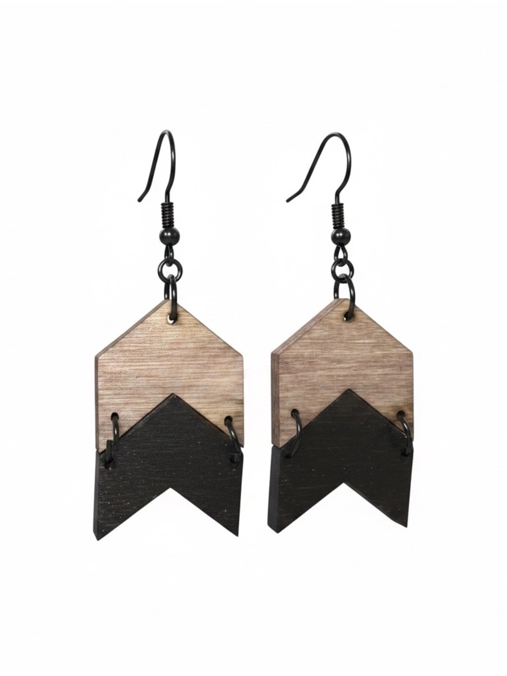 Wood Chevron Drop Earrings in Black and Natural Wood